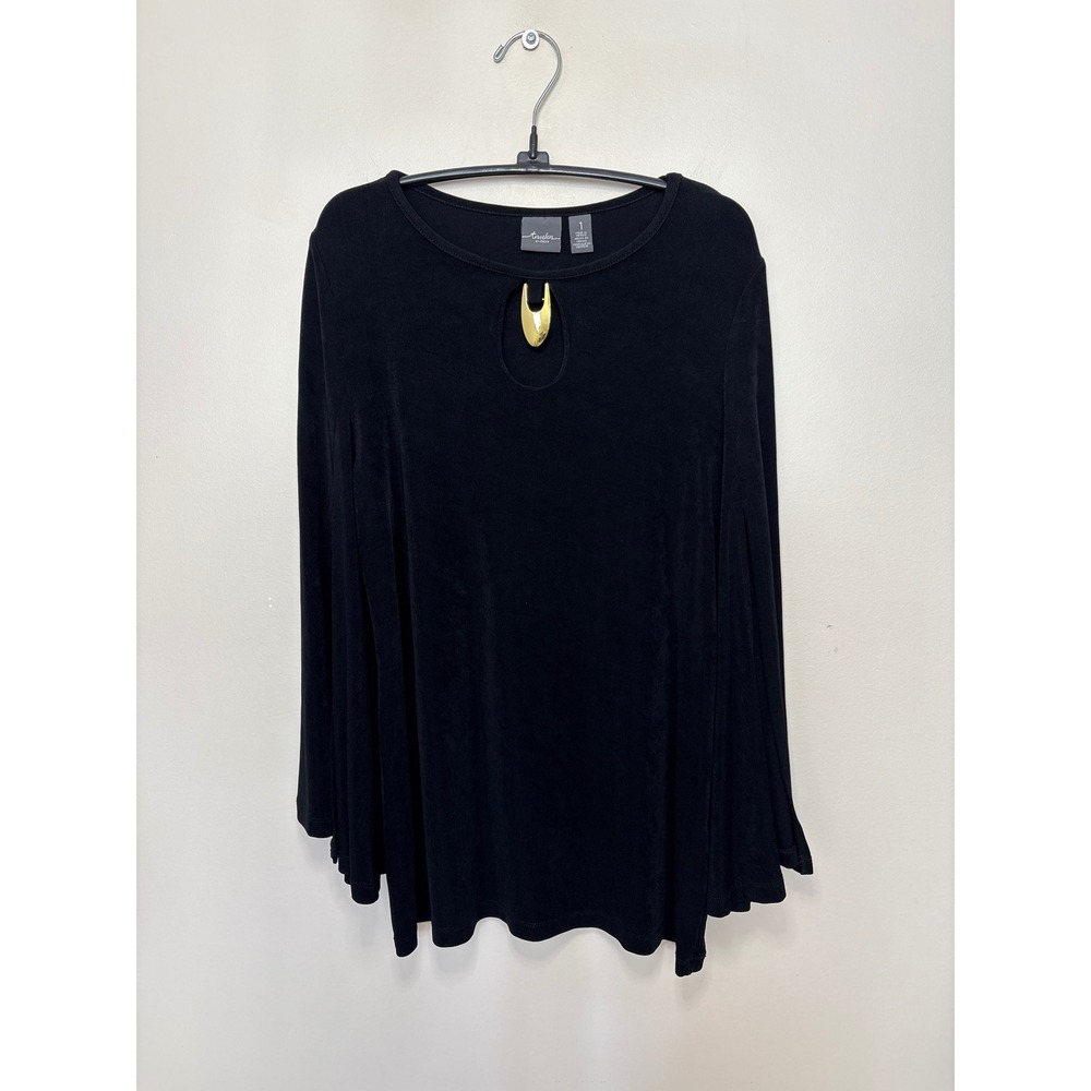 Travelers by Chico's Black Gold Hardware Keyhole Split Bell Sleeve Top Sz 1 Med